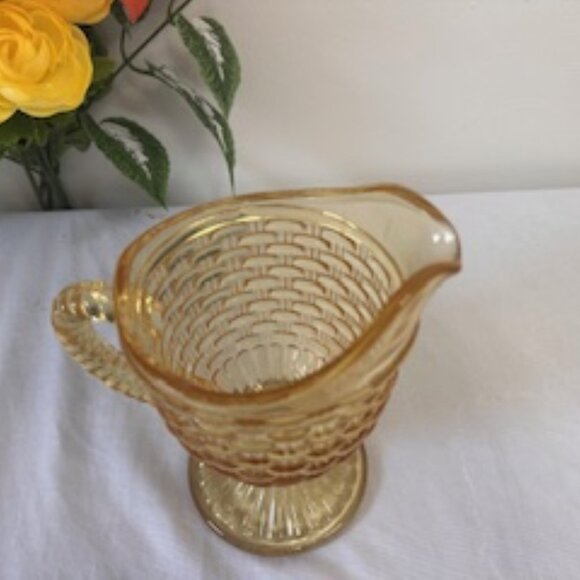 Vintage Imperial Yellow Basket Weave Glass Pitcher – Pedestal Footed Swirl Handl - Picture 3 of 4